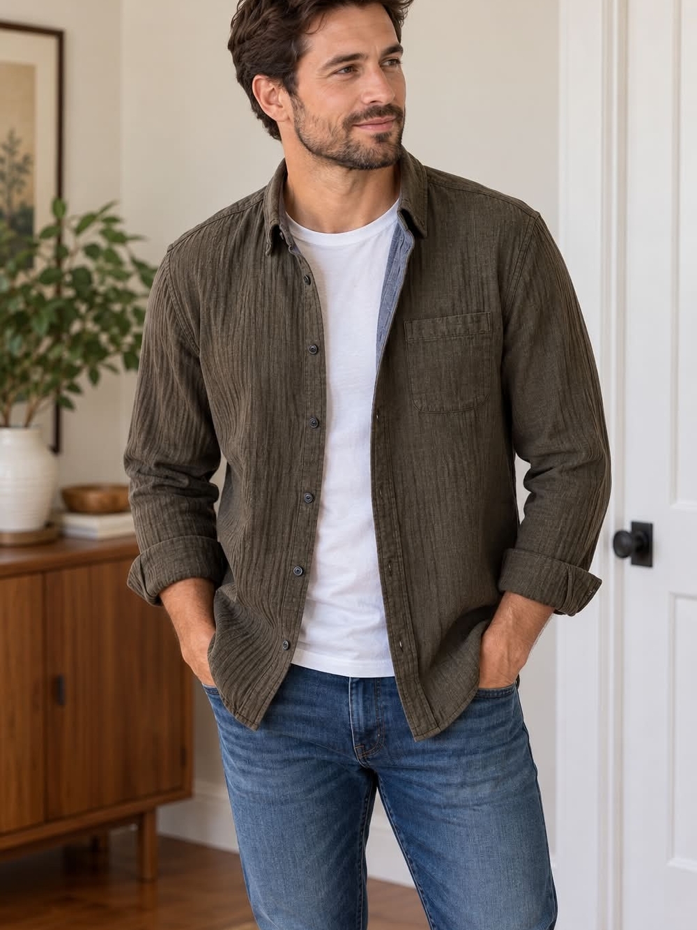 Club Monaco Olive Textured Lightweight Shirt Jacket